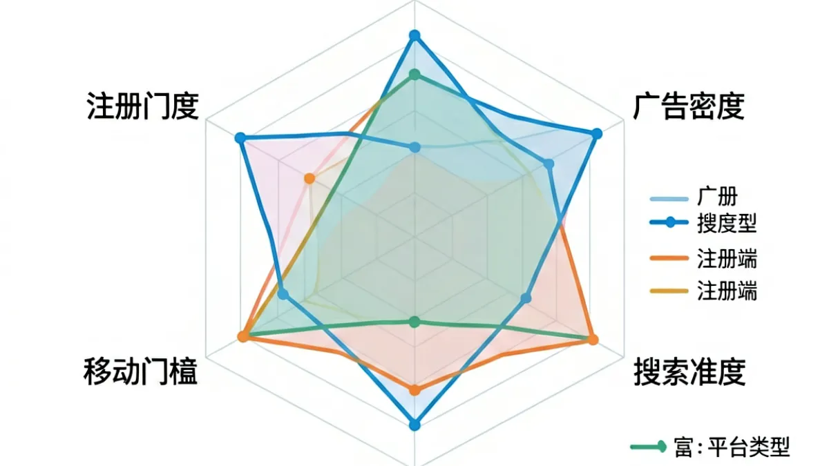 六边形雷达图展示各类成人免费网站在画质、内容量、广告、注册、移动端、搜索六维度的得分分布