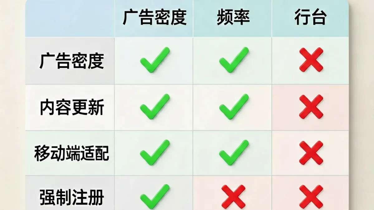 多个成人免费网站按广告密度、内容质量、移动端体验三个维度进行横向功能对比的表格截图